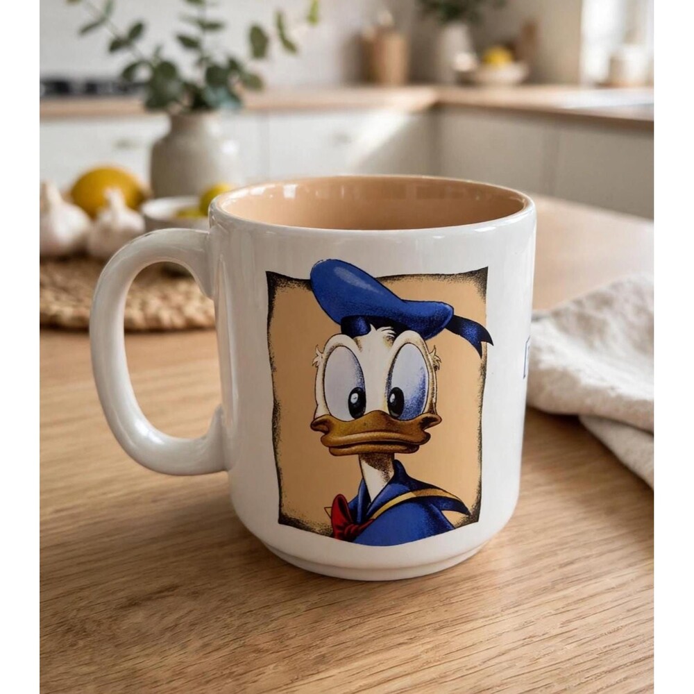 Donald Duck Disney Ceramic Coffee Mug White Tan Interior VTG